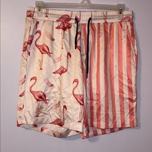VATPAVE Mens Pink Flamingo Striped Hawaiian Satin Casual Short size M